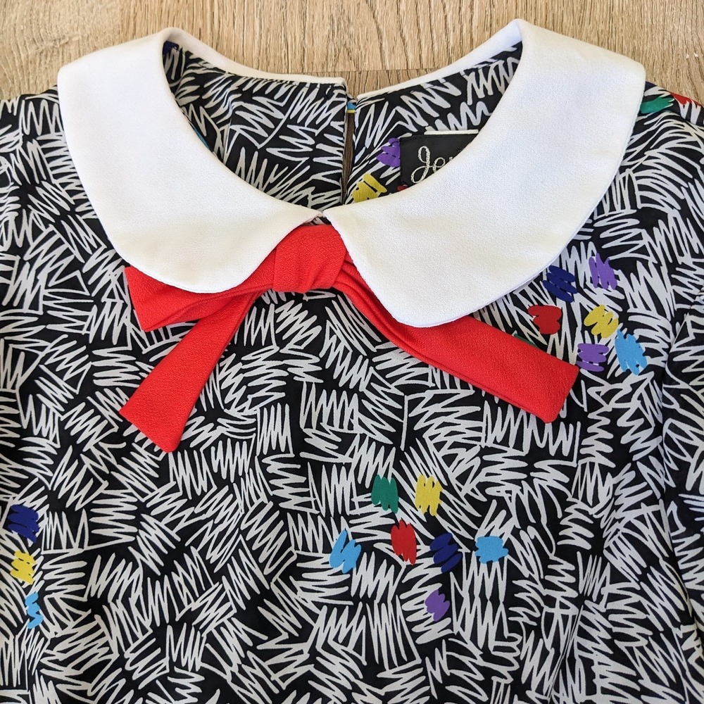 Vintage 80s Peter Pan Collar Abstract Dress L Bow Tie Blouson Art Teacher Quirky - Picture 3 of 16